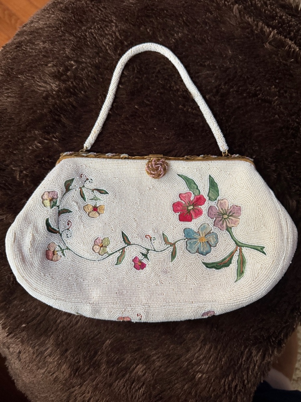 White Beaded Floral Wristlet Clutch with Top Handle